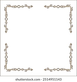 Quadro ornamental marrom elegante com runas viking, borda decorativa, cantos para cartões de saudação, banners, cartões de visita, convites, menus. Ilustração isolada de vetor.	
