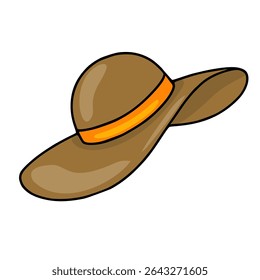 Elegant brown vector illustration of a wide-brimmed summer hat with an orange ribbon, perfect for fashion design or summer-themed projects.