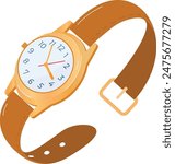 Elegant brown wristwatch precise clock golden bezel isolated white background. Stylish analog wristwatch modern leather strap accurate timekeeping. Fashionable classy accessory round face stylish