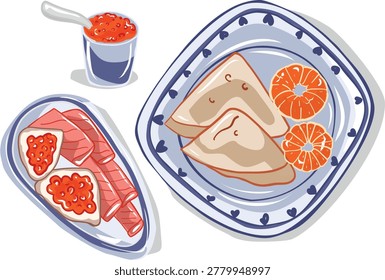 An elegant brunch set featuring red caviar appetizers, toasted bread, and fresh orange slices on a decorative blue-rimmed plate.
