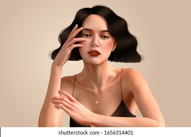 Elegant brunette woman with short curly hair and wearing spaghetti strap dress in 3d illustration