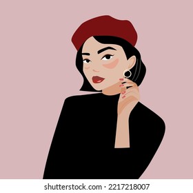 Elegant brunette woman with a short haircut. A girl in a red beret and a black turtleneck. Stylish young Frenchwoman. Vintage style of clothing. Vector illustration is suitable for an avatar 