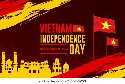 elegant brush background of Vietnam Independence Day greeting. Vietnam Independence Day Illustration on 02 September 1945. design with landmarks and vietnam flag.