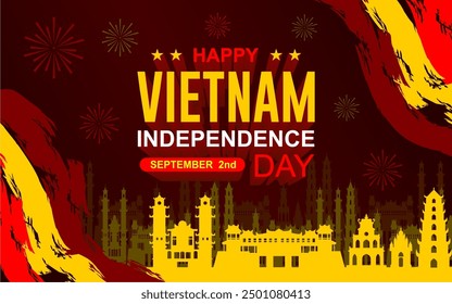 Elegante pincel de fondo del saludo del Día de la Independencia de Vietnam. Ilustración del Día de la Independencia de Vietnam el 02 de septiembre de 1945. diseño con Lugares famosos de Vietnam.