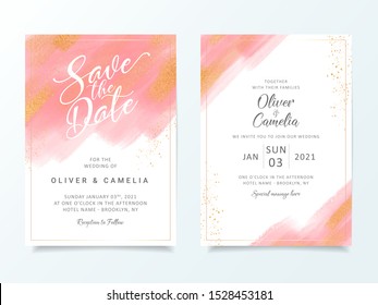 Elegant brush stroke with gold glitter wedding invitation cards template. Artistic blush abstract background save the date, invitation, greeting card, multi-purpose vector