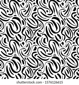 Elegant brush strokes vector seamless pattern. Black grunge curls abstract texture. Paintbrush smears decorative background. Monochrome hand drawn textile print, wallpaper, wrapping design idea