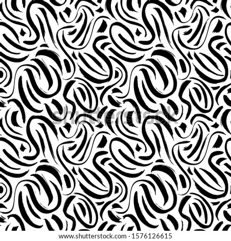 Elegant brush strokes vector seamless pattern. Black grunge curls abstract texture. Paintbrush smears decorative background. Monochrome hand drawn textile print, wallpaper, wrapping design idea