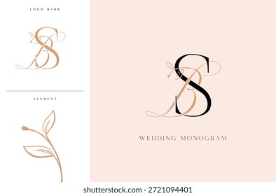 Logotipo elegante del monograma de la boda de BS con los acentos botánicos