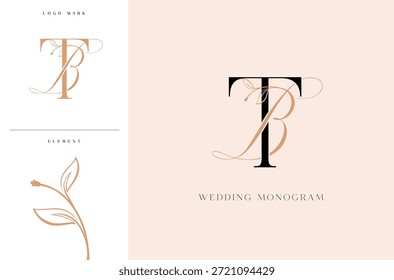 Logotipo elegante del monograma de la boda de BT con los acentos botánicos