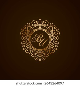 Elegant BU Monogram Logo with Golden Ornamental Frame on Dark Background – Luxury Initial Design