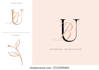 Logotipo elegante del monograma de la boda de BU con los acentos botánicos