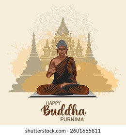 Elegant Buddha Purnima illustration featuring Lord Buddha in a meditative pose with an intricate temple backdrop, symbolizing enlightenment, peace, and spiritual harmony.