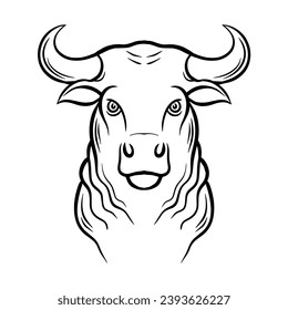 Elegant buffalo pattern. Bull head with horns. Strong horned animal. Vector art black and white illustration. Hand drawn line
