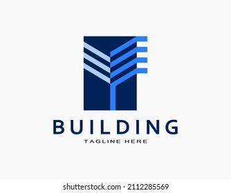 Elegant building logo in the blue rectangle. Vector that resembles letter Y. Icon with solidarity concept. Luxury design for company, architecture, developer, residence, apartment. 
