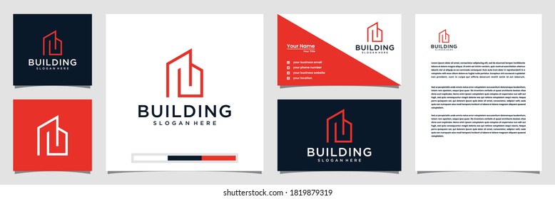 Elegant building logo with line art style logo business card and letterhead