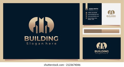 Elegant building tower idea gold gradient color logo design icon with business card