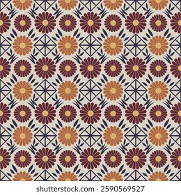 Elegant Burgundy and Beige Floral Tile Seamless Pattern with Ornamental Accents