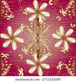 Elegant burgundy vector seamless pattern with golden floral motifs, ornate swirls, and a distressed textured background. Perfect for textiles, wallpapers, invitations, packaging, and luxurious decorat