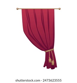 Elegantes cortinas de teatro de Vector burdeos con respaldos de corbata colgando de una barra de cortina. Ideal para Configuraciones escénicas, estas cortinas crean un telón de fondo teatral clásico. Diseño aislado.