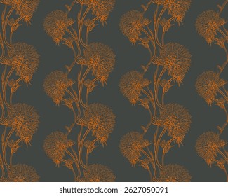 Elegant burnt orange dandelion floral pattern on a dark grey background.  Perfect for textile design, wallpaper, or packaging.  A sophisticated, natureinspired motif conveying growth and beauty.