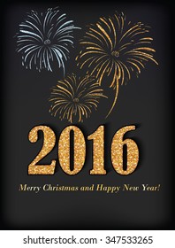 Elegant business 2016 postcard for Christmas and New Year - golden black elegant greeting card, also for print. Gold Glitter Texture, Sequins Pattern. Lights and Sparkles. CMYK colors used.