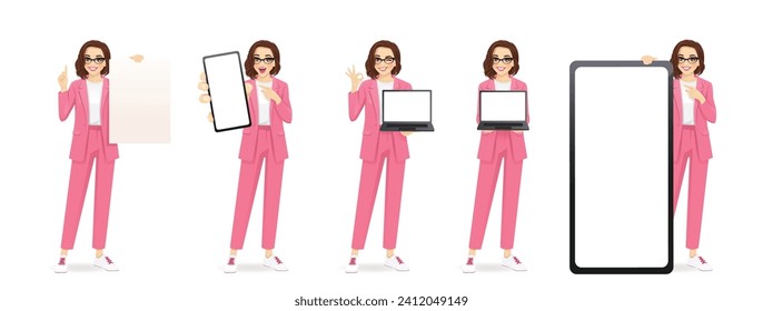 Elegant business beautiful woman standing phone, laptop computer and paper with blank screens and empty spaces vector illustration in different poses. Advertising collection vector illustration. 