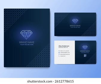 An elegant business card with an abstract geometric design and a diamond image on a dark blue background. Vector illustration