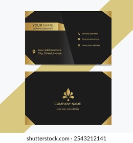 Elegant business card with a black and gold color scheme, featuring sleek geometric accents, contact icons, and a  central logo for a luxury design feel.