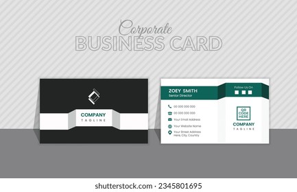 Elegante tarjeta de visita, elegante tarjeta de visita corporativa de doble cara, de color negro y verde, formas geométricas en 3d, patrón, diseño único y sencillo, fondo blanco, concepto limpio.