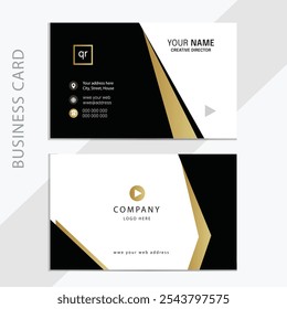 Cartão de visita elegante com detalhes em preto, branco e dourado. Minimalista com informações de contato e espaço de logotipo, ideal para profissionais criativos.