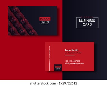 Elegant Business Card Design With Double-Sides Presentation In Red And Dark Blue Color.