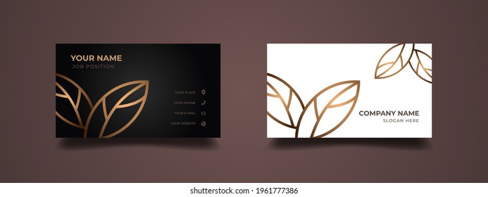 Elegant business card design with gold lines leaf pattern. Abstract luxury background with black and white in two-sided. Vector illustration ready to print.