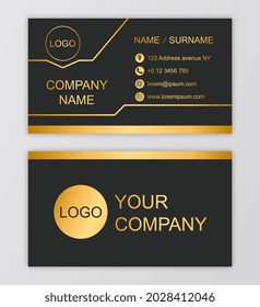 Elegant Business Card. Element of corporate identity . Black background, gold inscriptions and lines. Place for information and contact details. Luxury modern gradient design for firms and companies