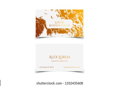 Elegant business card with marble texture and gold detail vector template, banner or invitation with golden foil details on white background. Branding and identity graphic design.