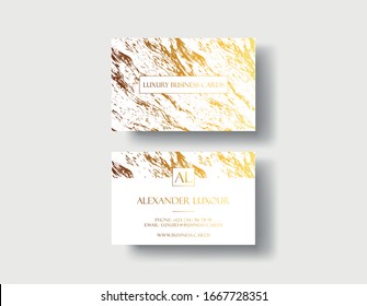 Elegant business card with marble texture and gold detail vector template, banner or invitation with golden foil details on white background. Branding and identity graphic design.