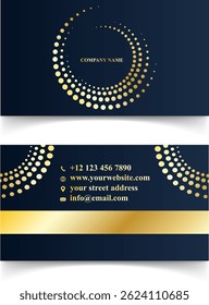 Elegant business card template with golden halftone swirl elements on dark blue background, ideal for luxury branding, corporate identity, professional networking, and modern design