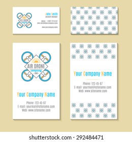 Elegant business card vector template with Drone logo. Original design for corporate identity with quadrocopter. Documentation for business. Vector illustration.