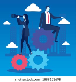 elegant business couple seated in gears with telescope vector illustration design