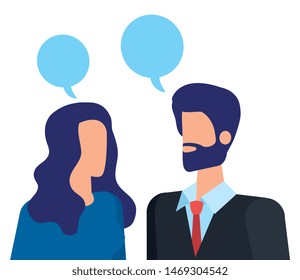 elegant business couple speaking with speech bubbles
