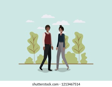 elegant business couple walking in the park