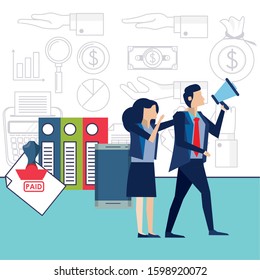 elegant business couple workers with megaphone vector illustration design