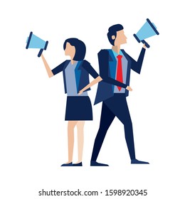 elegant business couple workers with megaphone vector illustration design