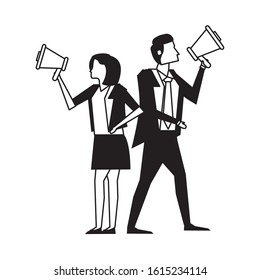 elegant business couple workers with megaphone vector illustration design