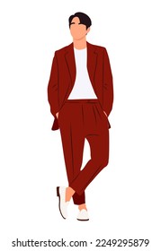 Elegant Business man standing in formal red suit and white t shirt. Stylish cartoon male character vector illustration isolated on white background.