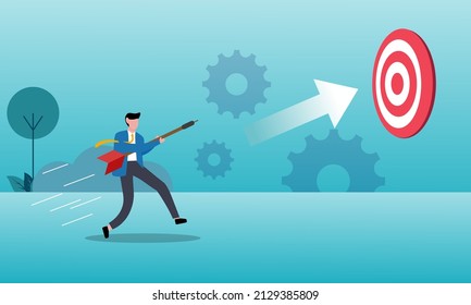 Elegant business man using telescope with arrows up and success flag illustration