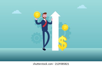 Elegant business man using telescope with arrows up and success flag illustration