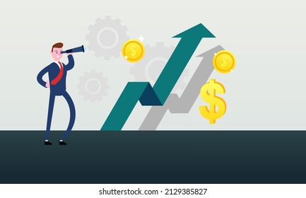 Elegant business man using telescope with arrows up and success flag illustration