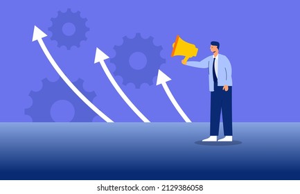 Elegante hombre de negocios usando telescopio con flechas hacia arriba e ilustración de la bandera de éxito