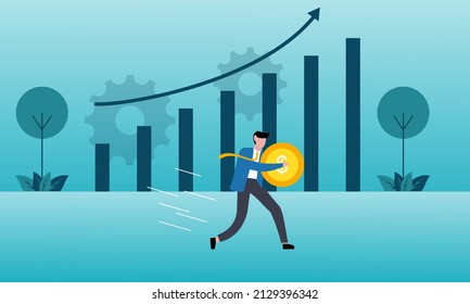 Elegant business man using telescope with arrows up and success flag illustration