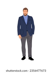 Elegant business man wearing fashion formal outfit. Handsome Plus size man standing full length. Bearded male character vector realistic illustration isolated on white background